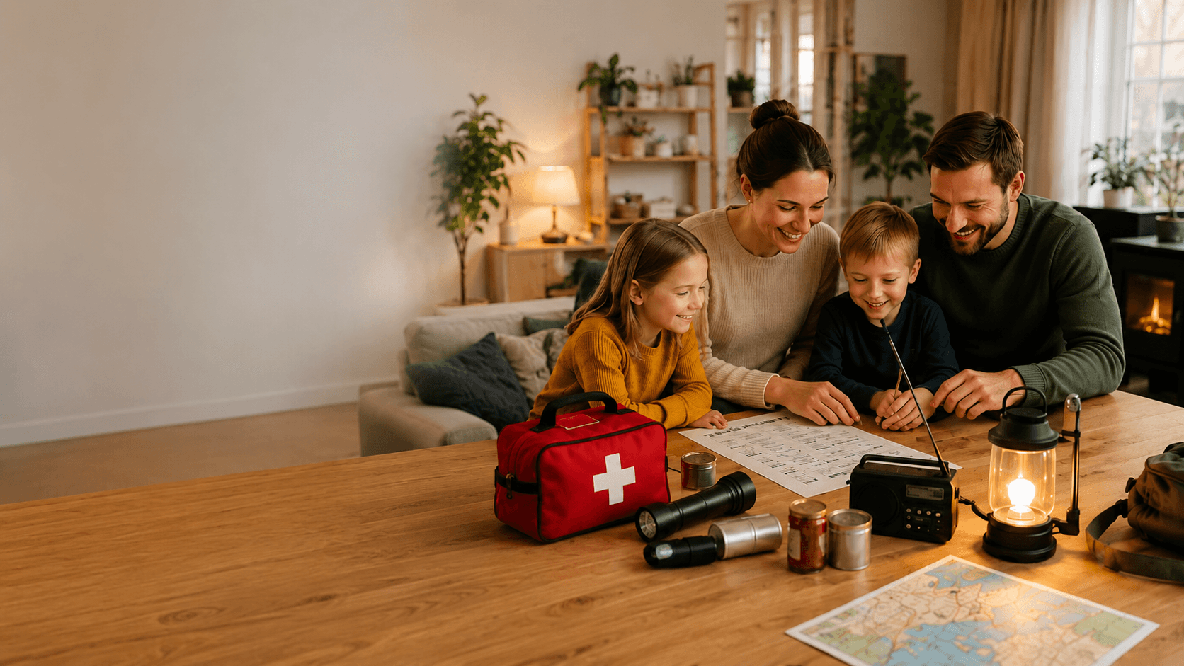Norsk familie ved et bord med kart, førstehjelpsbag, lommelykt, radio og lampe — en rolig samtale om beredskap hjemme.